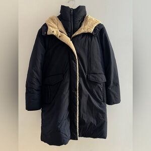 Women’s Black Hooded Parka Coat with Cream Lining